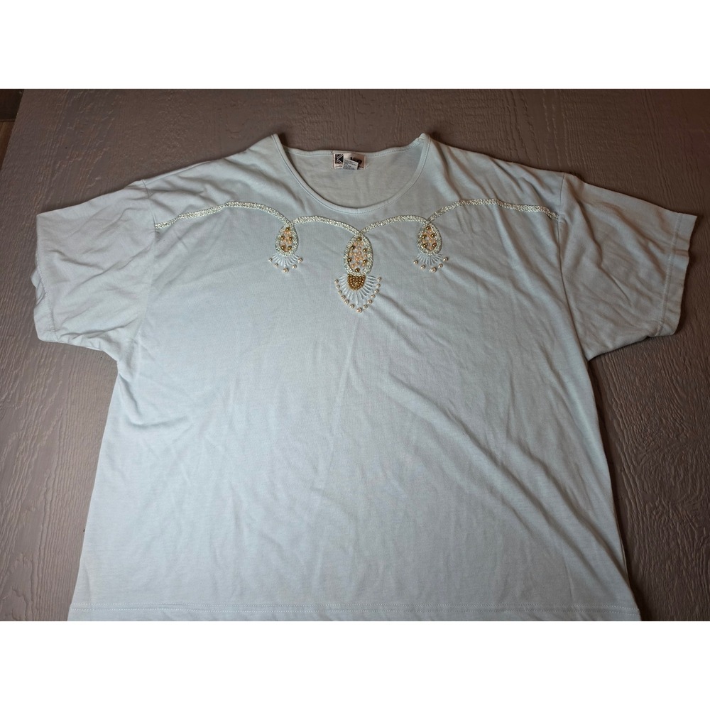 Vintage Kobe Light Blue Beaded Embroidered Short Sleeve Top XL 44